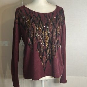 Miss Me Heavily Embellished Long Sleeve w/Ruching up Back Seam. Sz Small